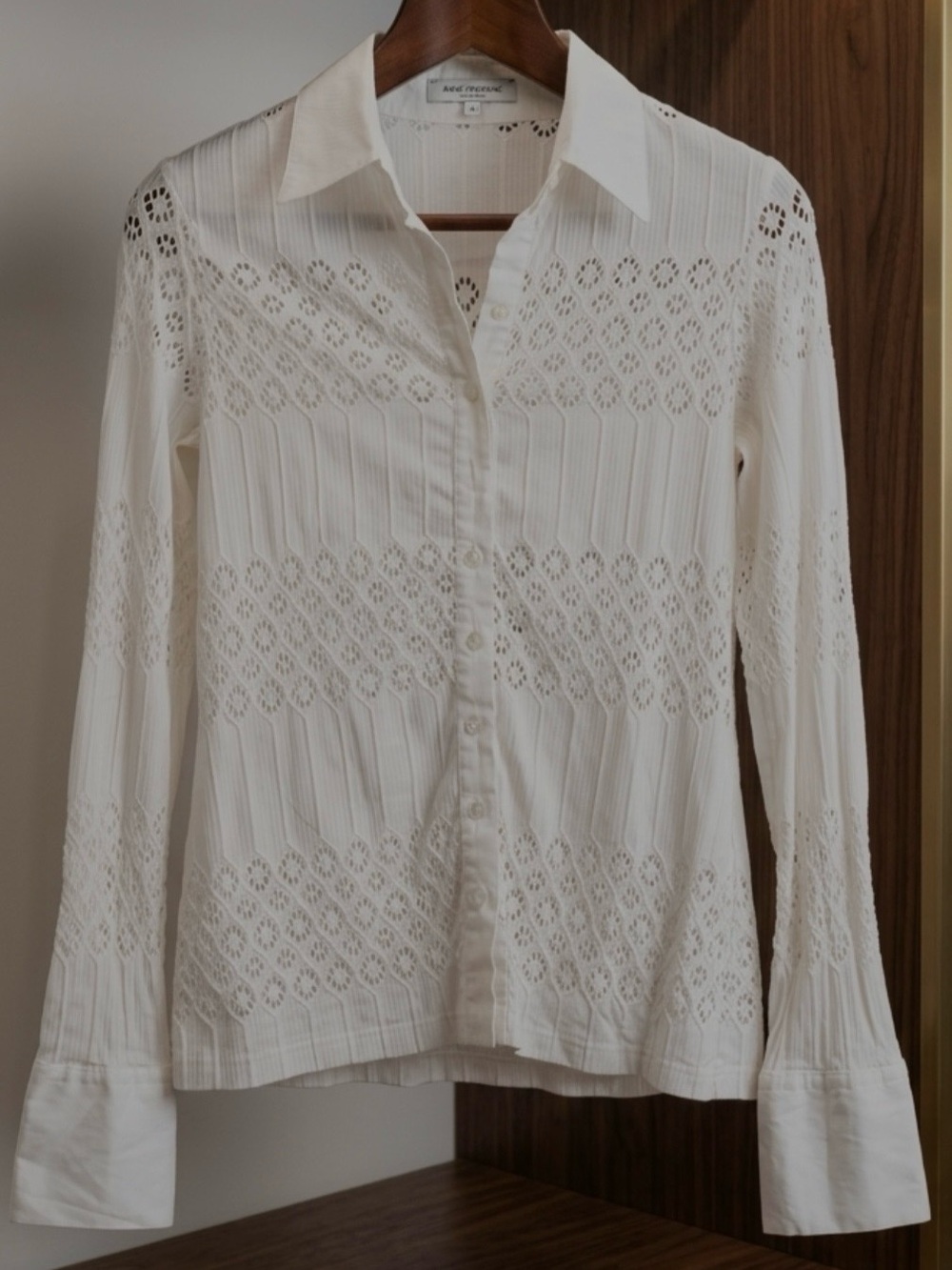 Anne Fontaine White Lace Pleated Button Front Blouse Top Shirt France Sz 46 XL